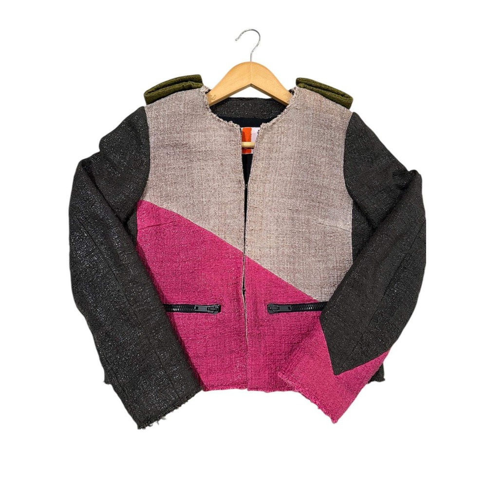 MSGM Milano‎ Colorblock Raw Edge Cotton Tweed Collarless Jacket Pink IT 40 US 4